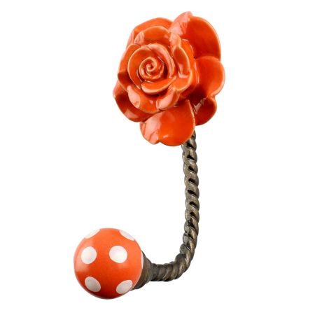Orange Rose Flower Ceramic Wall Hook in Antique Fitting